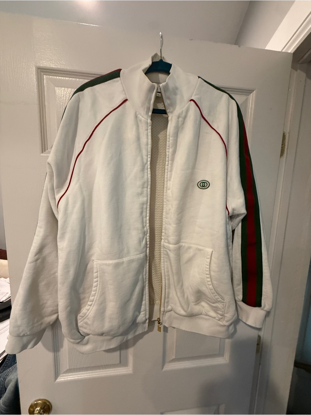 Gucci White Bomber Jacket with Green & Red Stripes